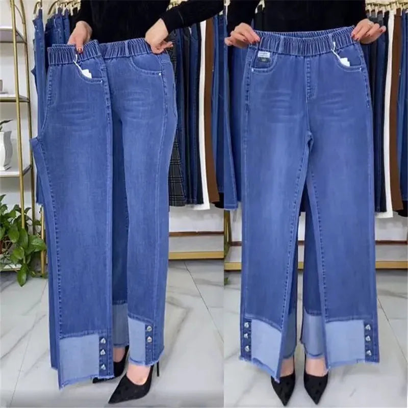 Plus Size Middle Aged Womens Jeans Elastic Waist High Waist Loose Denim Pants