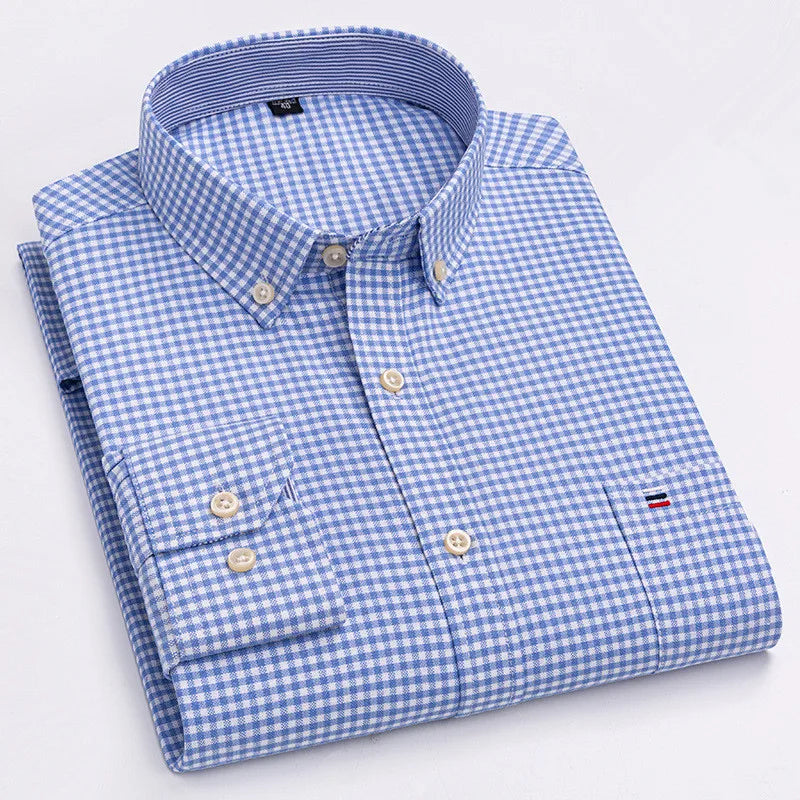 Men's Classic Plaid Oxford Long Sleeve Shirts Pocket 100% Cotton Business Casual Formal Standard Fit Workwear Button Down Shirts