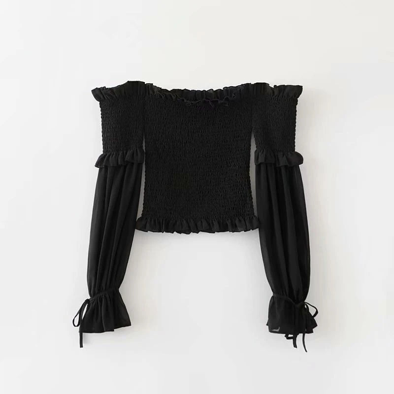 Solid Color Slim Fit Off Shoulder Sexy Women's Chiffon Shirt Sweet Flare Long Sleeved Chic Fashion New Lady Short Tops 8066