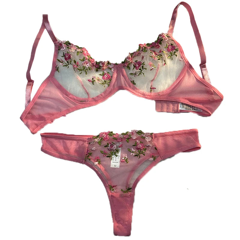 Sexy Underwear For Women Transparent Embroidered Small Flowers Bra Hot Lingerie Panties Intimates Woman Two Piece Set Clothing