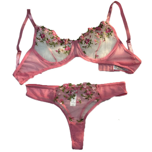Sexy Underwear For Women Transparent Embroidered Small Flowers Bra Hot Lingerie Panties Intimates Woman Two Piece Set Clothing