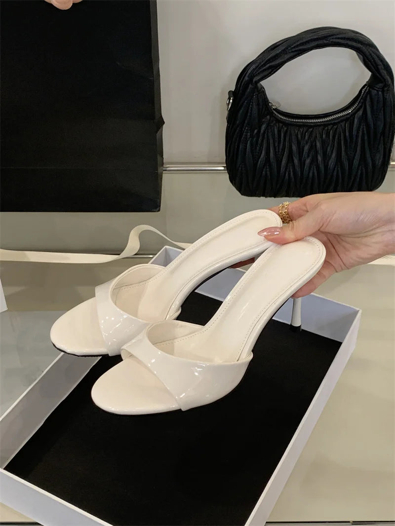 Liyke White Patent Leather Women Slippers Sandals Fashion Round Open Toe Thin High Heels Mules Slides Summer Party Dress Shoes