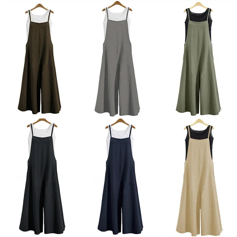 Women Loose Casual Playsuit Trousers Wide Leg Pants Overalls Baggy Romper Lady Chic Summer Sleeveless Cotton Loose Jumpsuits 5XL