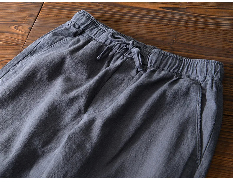 70% Linen,30% Cotton Men's Drawstring Elastic Waist Casual Pants, Straight Loose Ramie Trousers, Camping Fishing Comfortable