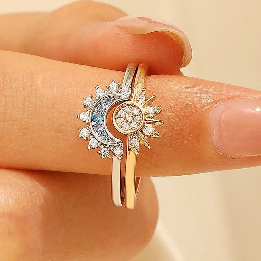Moon and Star Ring Set Luxurious Crystal Rhinestone Two-in-One Couple Bff Friendship Rings Jewelry Gifts for Girlfriend Sister