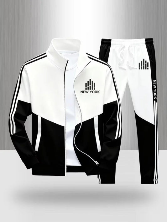 Men's New York Print 2 Piece Tracksuit Set Color Block Zip Up Jacket and Jogger Pants Casual Sportswear Striped Athletic Outfit