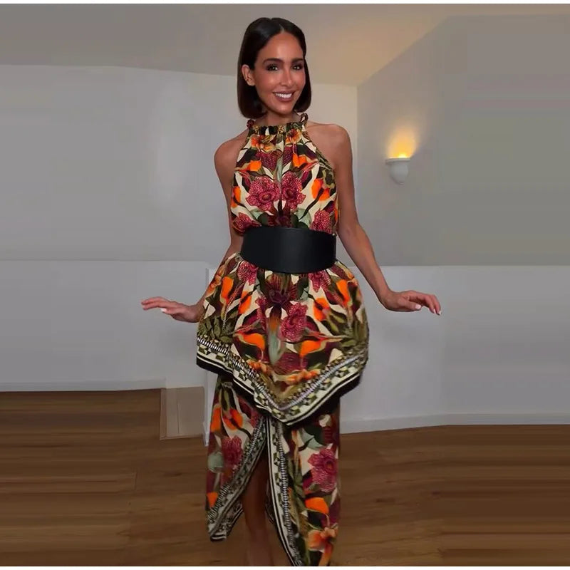Halter Neck Floral Print Split Set Sleeveless Casual Top Tropical Wrap Slit Maxi Skirt 2026 Summer Bohemian Holiday Women Outfit