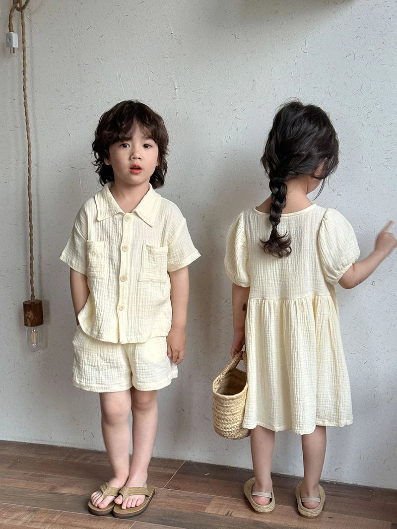 Children's Summer Clothing Set Boys' Short Sleeve Shirt Shorts 2pcs Casual Suit Girls' Solid Color Dress Sister Brother Outfit