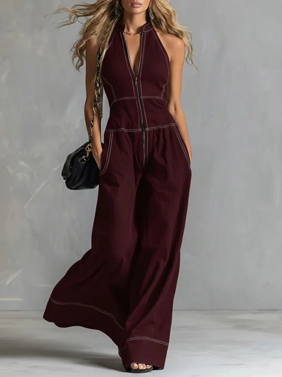 Spring Autumn Fashion Rompers Jumpsuit Women Loose Off-shoulder Zipper Pockets Wide Legs Trousers Overalls Sleeveless 64034