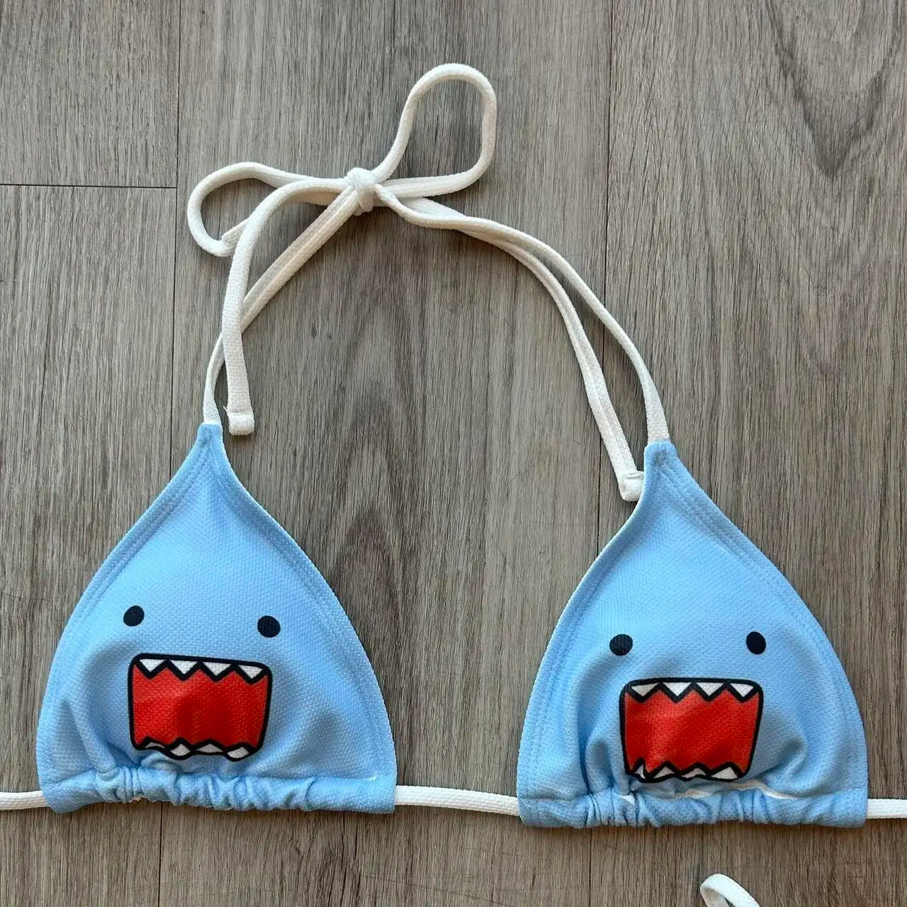 Ins Style Beachwear Bikini Women's Light Blue Shark Print Halter Tie Side Swimsuit