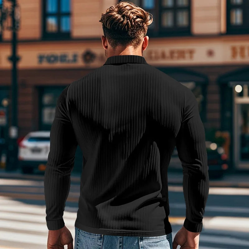 Cross-border autumn men's classic casual American lapel button-up long-sleeved T-shirt elastic pit strip polo shirt