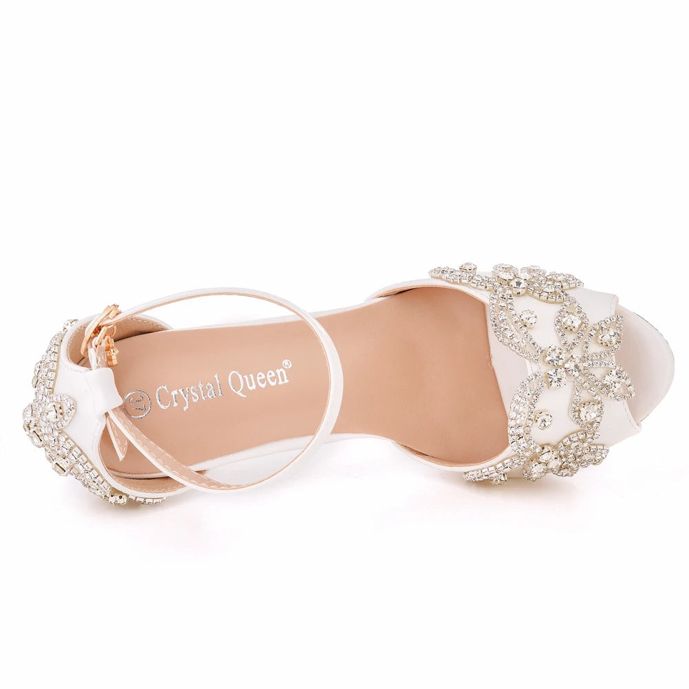 Women Wedding Shoes Bride Sandals White Rhinestones Silver Platform Dress Thin High Heels Ladies Pumps