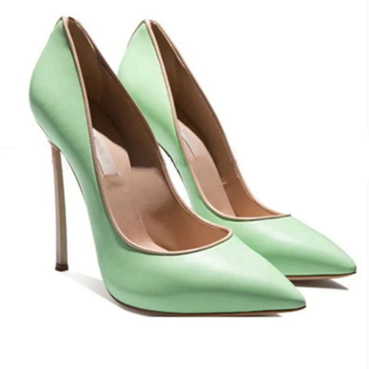 Spring and Autumn New Pointed Shallow Leather Single Shoes Metal Fine High Heel Banquet Dress Customized Large Size Women's Shoe