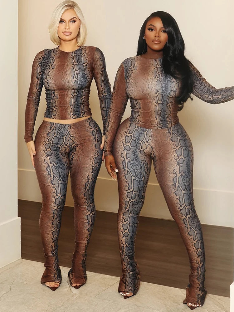Kliou Serpentine Print 2 Piece Set Woman o-Neck Full Sleeve Tops+Skinny Peach Hip Long Pants Hot Girls Street Sexy Fashion Suits