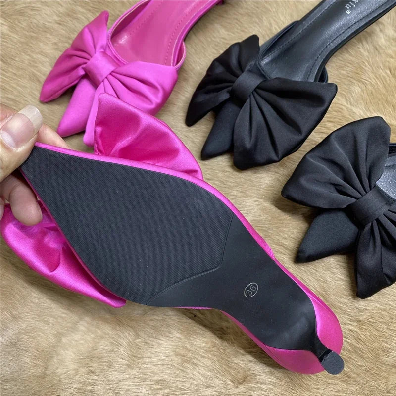 2024 Spring Pointed Toe Stiletto Heel Kitten Heels Bow Heel-Free Slippers for Women