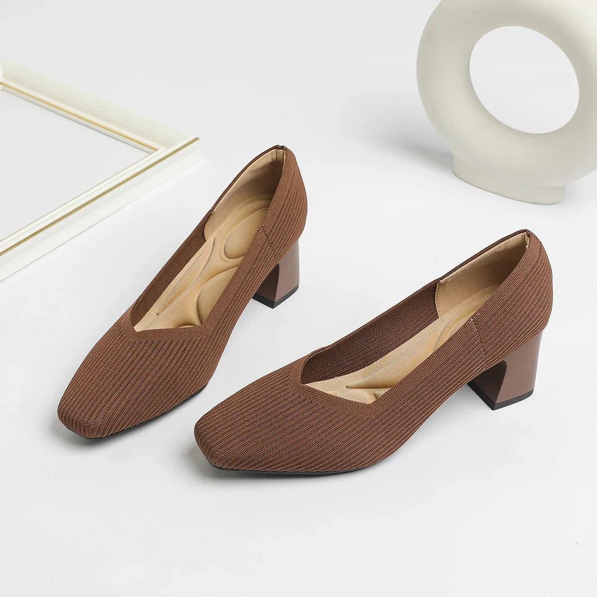 Shoes Woman High Heels Comfortable Square Knitted Breathable Comfortable Women's Flats Shoes (5cm High) 2025 New Collection