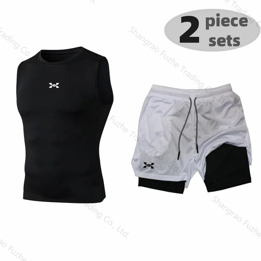 Sports Boxing Sets Basic Sleeveless Shirt+2-in-1 Shorts Sets Gym Compression Quick Drying Training Workout Stretch Skinny Sets