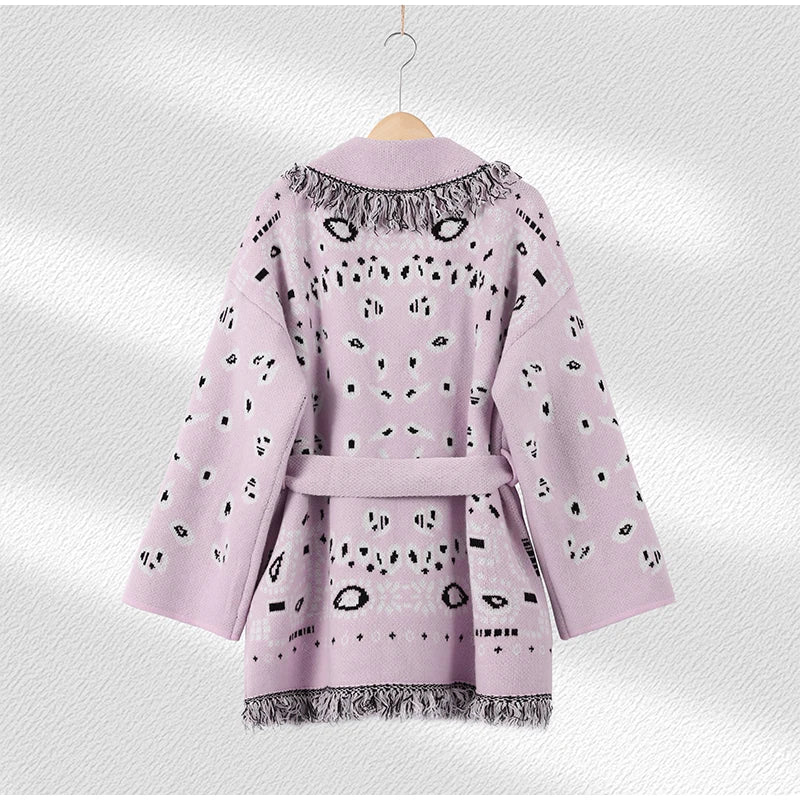 2026 Spring Tassel Knitted Jacquard Women's Cardigans Loose Patchwork V-neck Long Sleeve Thick Warm Sweater Lady New Knitwear