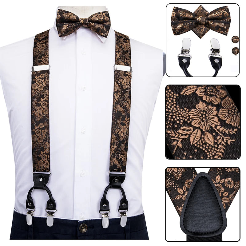 Hi-Tie Silk Adult Men's suspenders Set Leather Metal 6 Clips Braces Gold Brown Floral Vintage Men Fashion Wedding Suspenders Men BAZAARHUBO