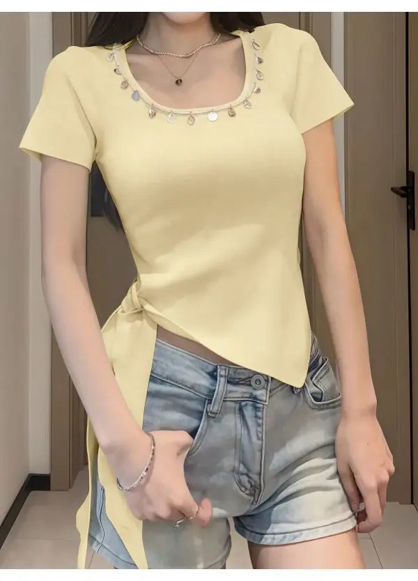 Short-sleeved Women's Top Bestseller 2025 New French Stylish Design Slimming and Flattering, Popular Online Clothing
