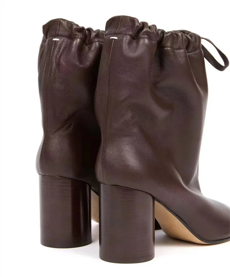Street Style Fashion Split Toe Women Mid-calf Boots Autumn Winter Genuine Leather Tabi High heels Modern Chunky Booties Shoes