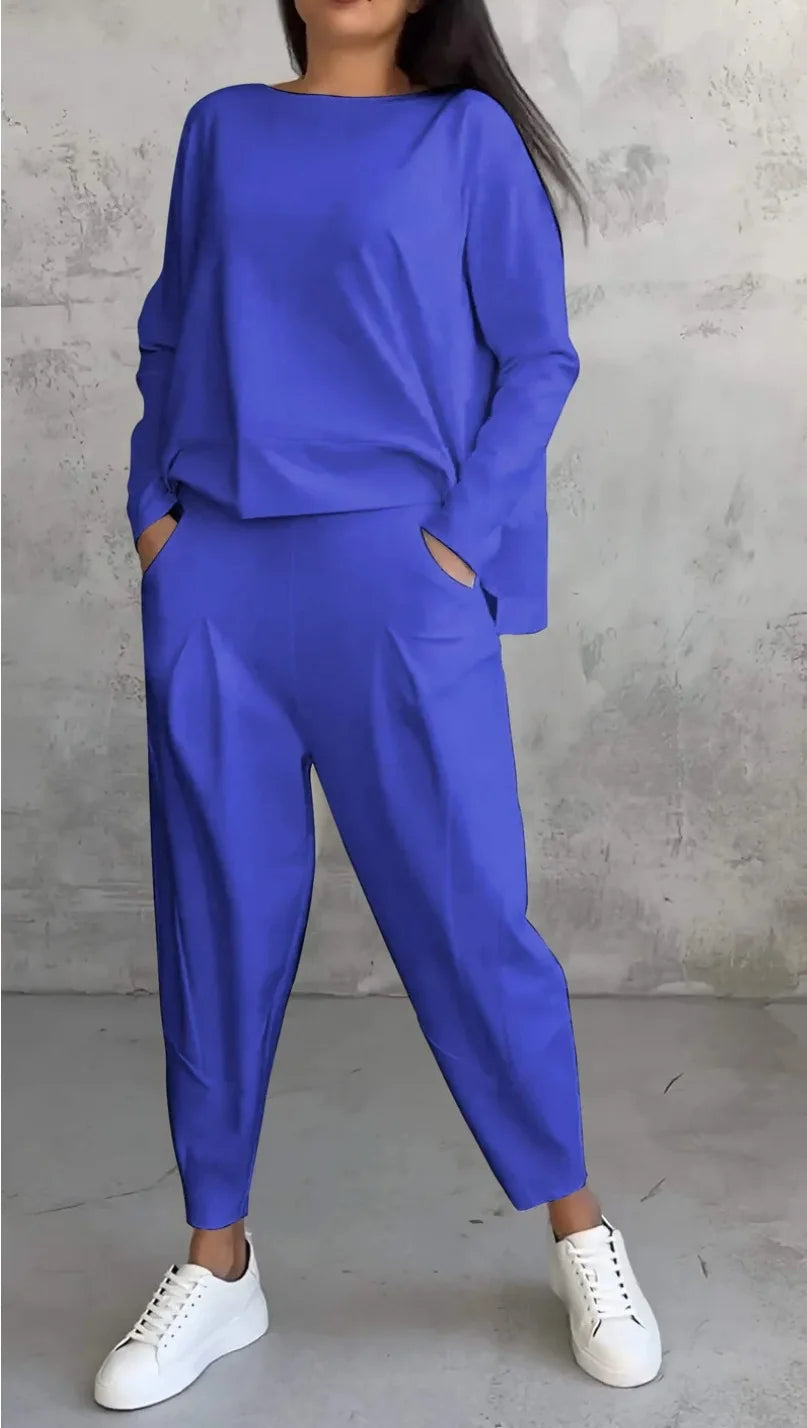 Tracksuits Women's Trousers Suit O-neck Long Sleeve Loose T-shirt Solid Color Trousers Pocket Simple 2-piece Set Loungewear