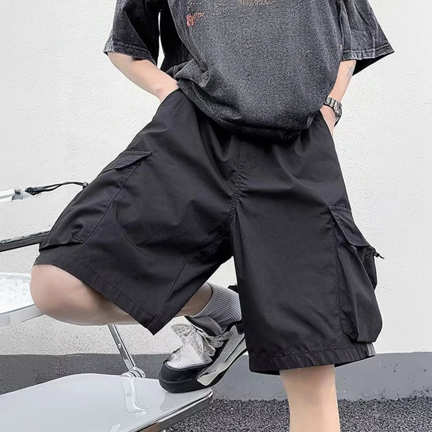 Multi Pockets Button Flying Summer Shorts Mid Rise Solid Color Straight Cargo Shorts Streetwear