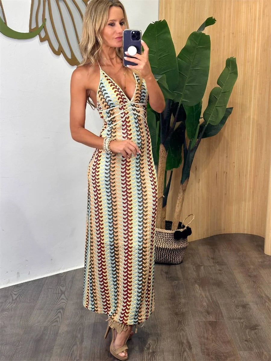 Ladies Deep V Neck Sleeveless Backless Halter Maxi Dress For Party Beach