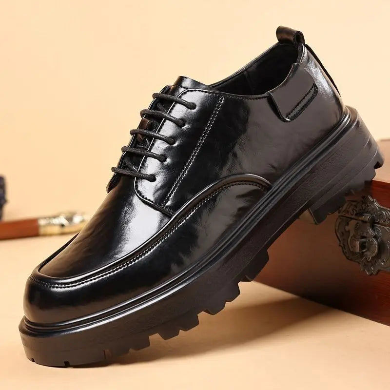 Round Toe Height Increasing Thick Sole Black Leather Shoes for Men Low Price High Quality Social Fashion New in Man Casual Shoe