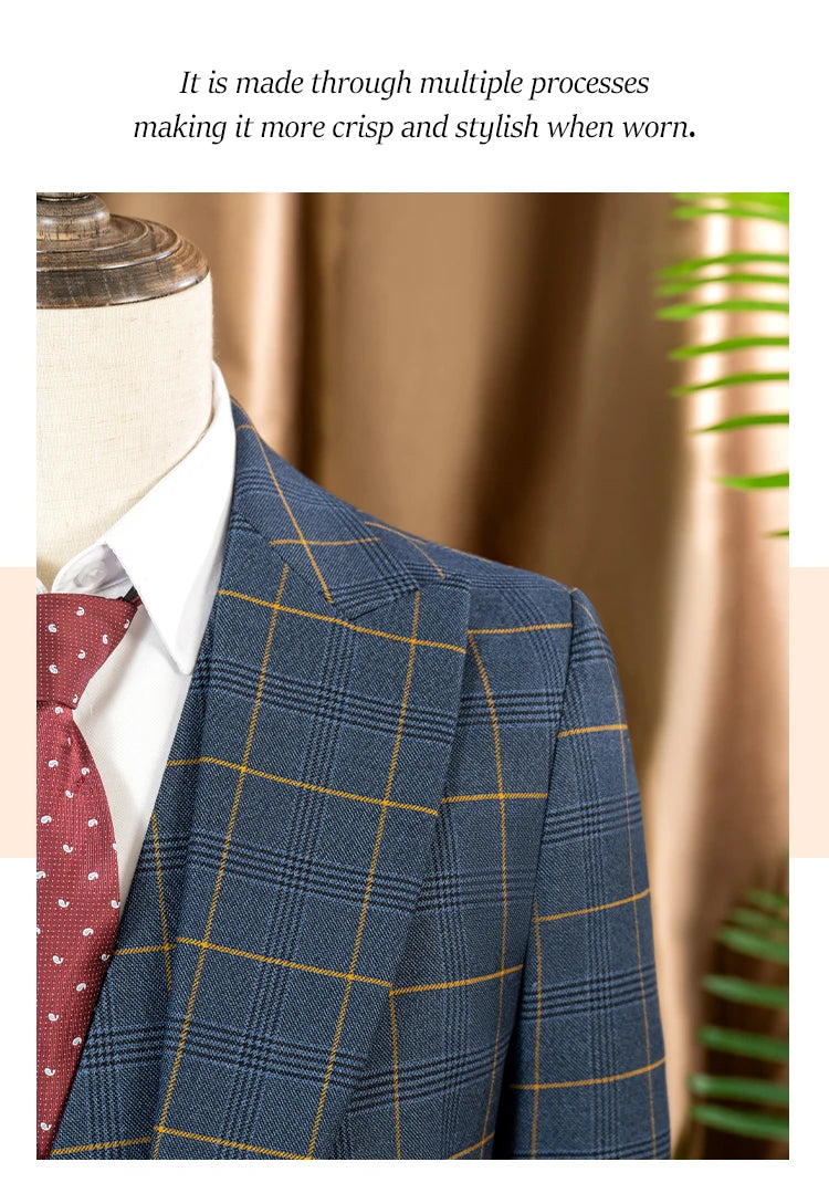 ST Cassy high quality 3 Piece Checkered Suit Set Men Stylish Business Office Wedding Formal Outfit full Elegant man suit
