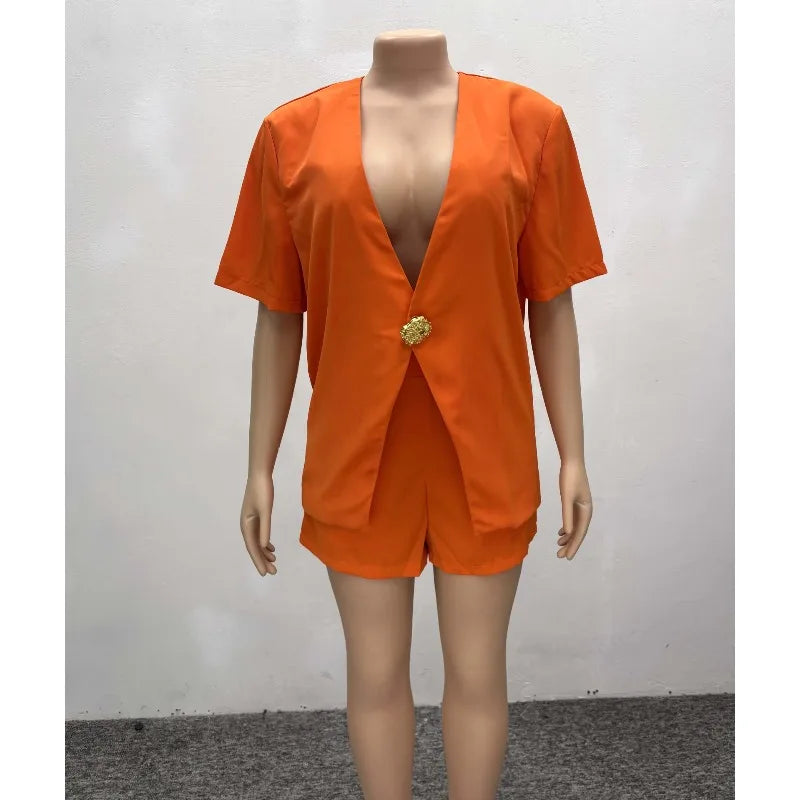 Women's African Style 2 Piece Set Sexy Summer Orange Deep V Neck Blazer & High Waist Shorts Elegant Party Club Outfits