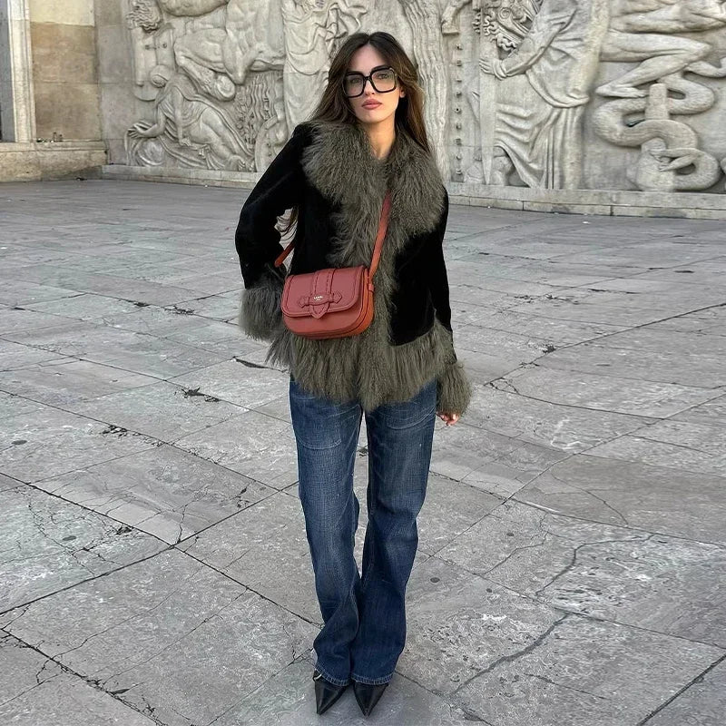 Vintage Patchwork Women's Faux Fur Trim Coat Urban Lapel Full Sleeve Female Jacket Female 2026 Autumn Winter Lady Streetwear New
