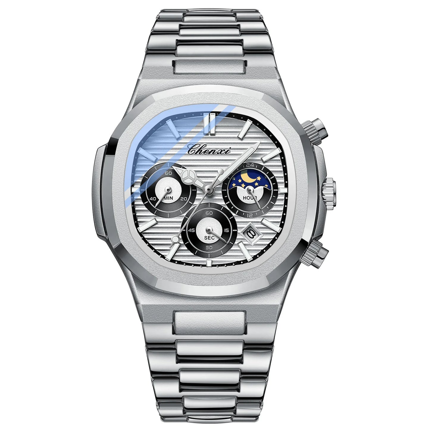 CHENXI Fashion Luxury Men's Watches Stainless Steel Quartz Movement Waterproof Calendar Moon Phase Chronograph Watch for Men