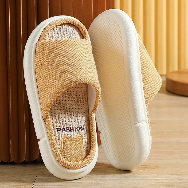 Couples Home Linen Slippers Women Indoor Soft Comfortable Bedroom Slides Men Leisure Non Slip House Shoes Platform Cotton Flats