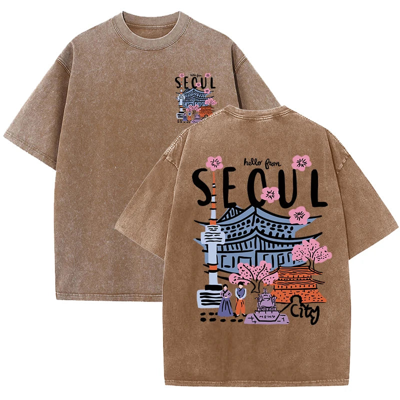 Seoul Beautiful Scenery Printed Washed T Shirt Female Summer Crewneck Clothes Trendy Cotton Short Sleeve Casual New T-Shirts
