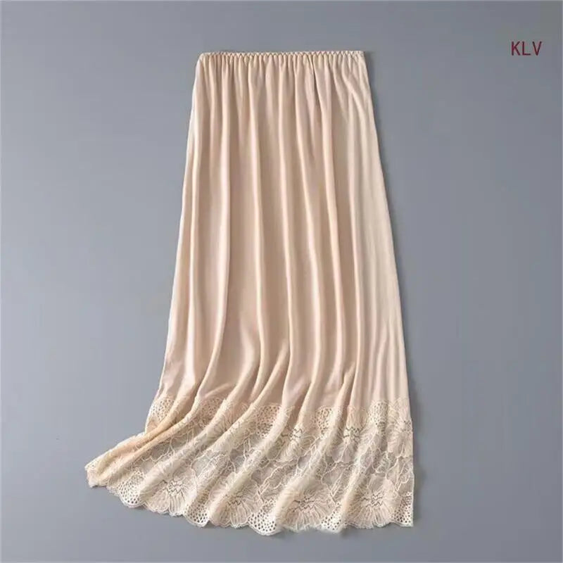Womens Lace Trim Half Slip Long Underskirt Elastic Waist Solid Color Petticoat Basic Safety Half Skirt for Under Dresses