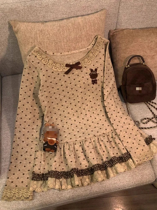 Japanese Kawaii Lolita T-shirts Women Vintage Sweet Lace Ruffles Cartoon Embroidery Long Sleeves Tops Y2k Aesthetic Girls Tees