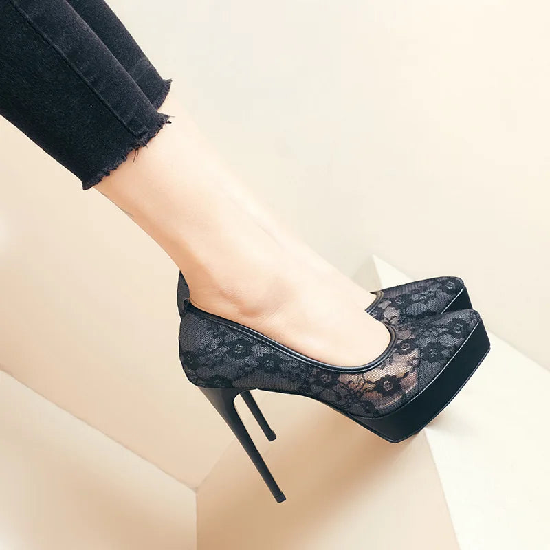 Fashion Roman Pumps 12Cm Black Platform High Heels Mesh Breathable Sexy Shallow Mouth Pointed Single Shoes Small Size 32 33