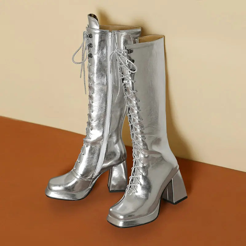Big Size 45 46 Women Shoes Winter Fall Warm Lace-up Chunky High Heels Metallic Gold Silver Knee-high Riding Platform Goth Boots