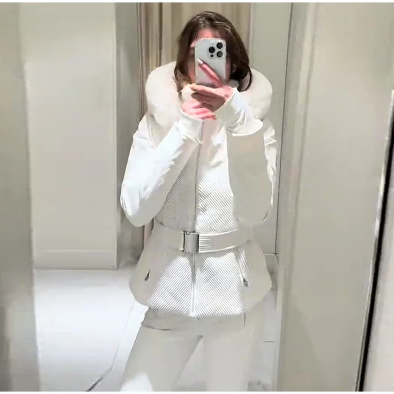 Women  Fur Collar Hooded Skiwear Fashion Solid Thicken Zipper High Waist Slim Outdoor Overalls Jumpsuit  Lady Winter Outwear