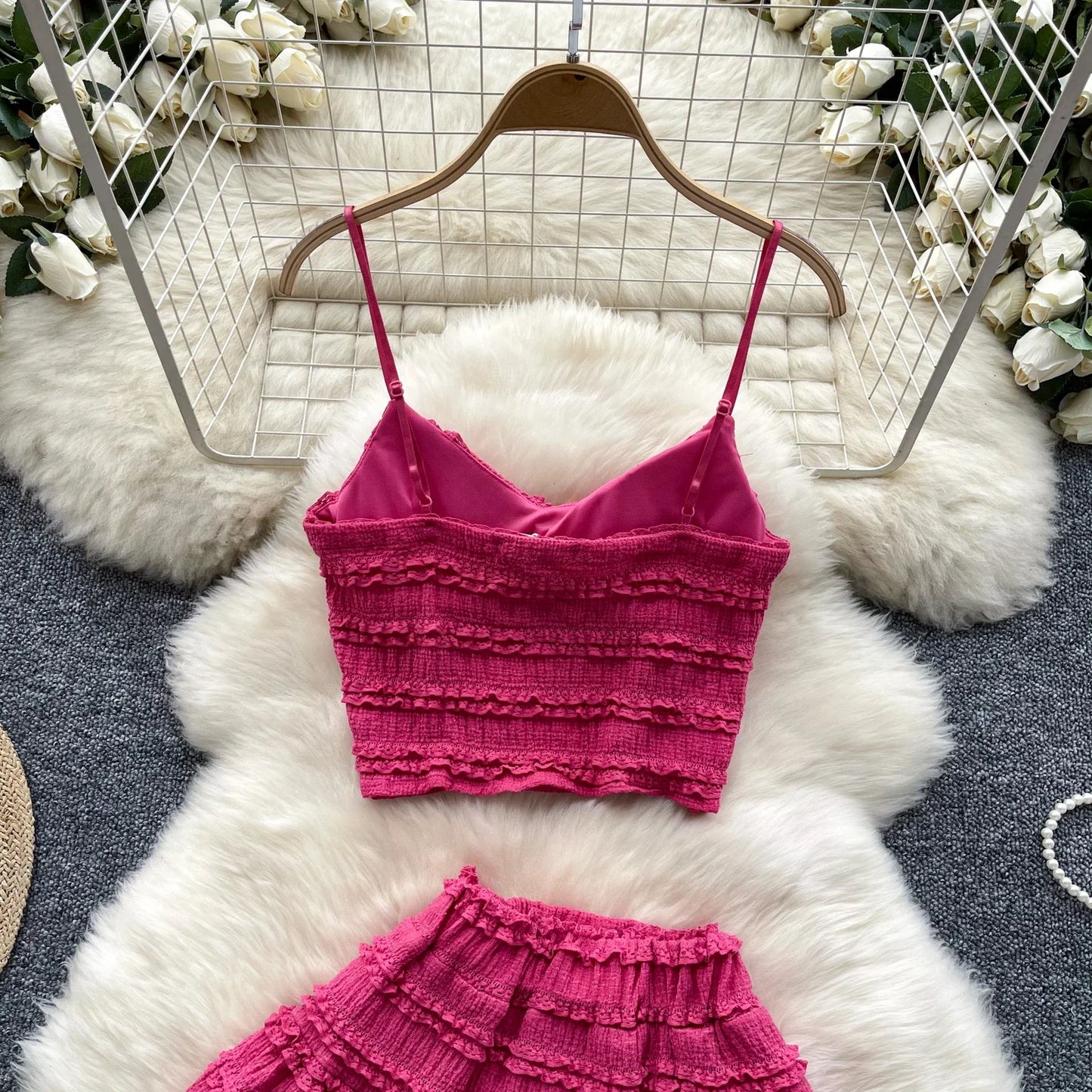 Sexy Two Pieces Sets Forwomen Chic Sexy Short Straps Tank Top with High Waist Mini Skirt Suit Summer Sweet Pleated Skirt