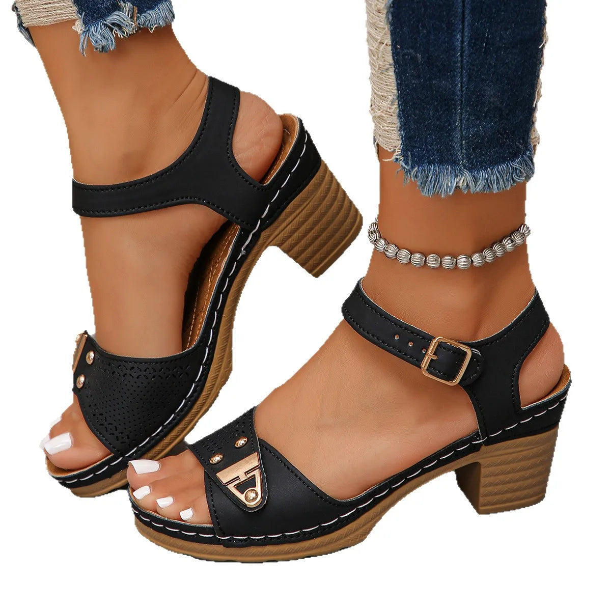 Women's Chunky Heel Sandals Adjustable Buckle Strap Plus Size Shoes Solid Color One Line Fashion Sandals for Women Summer 2025