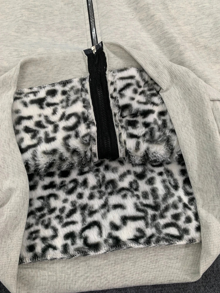 Unisex hoodie hooded sweatshirt with leopard print lining pocket, loose cardigan, zipper sweatshirt, streetwear style