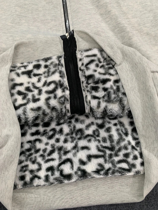 Unisex hoodie hooded sweatshirt with leopard print lining pocket, loose cardigan, zipper sweatshirt, streetwear style