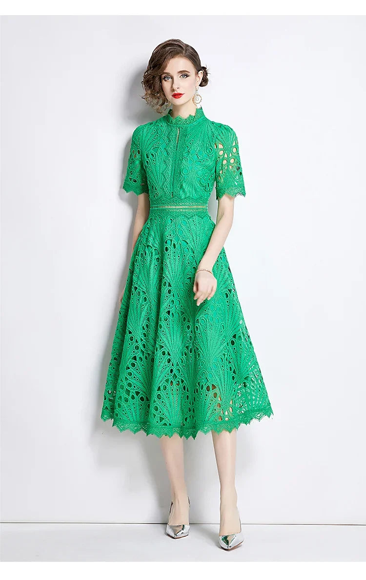 SMTHMA Vintage High-End O-Neck Short Sleeve Lace Hollow Out Dress For Women's Summer Slim Elegant Long Dress Female Clothing