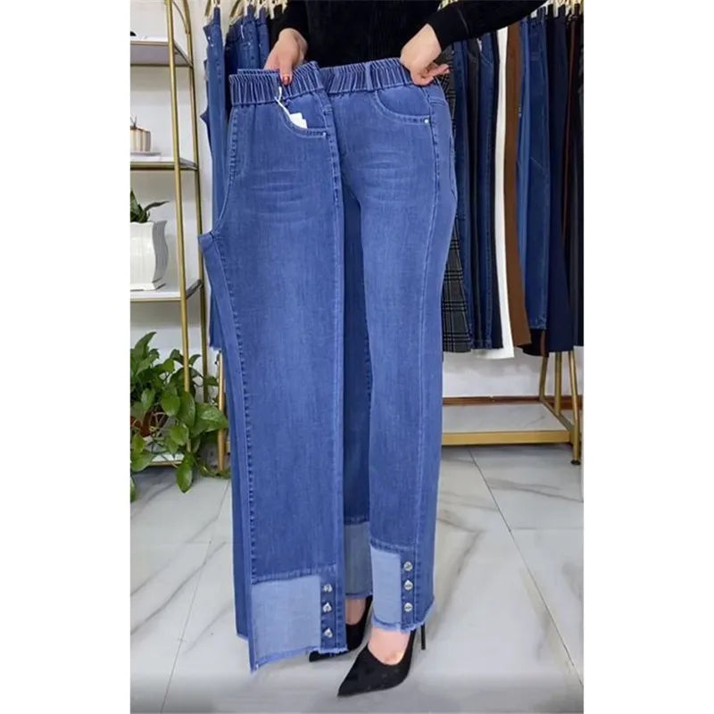 Plus Size Middle Aged Womens Jeans Elastic Waist High Waist Loose Denim Pants