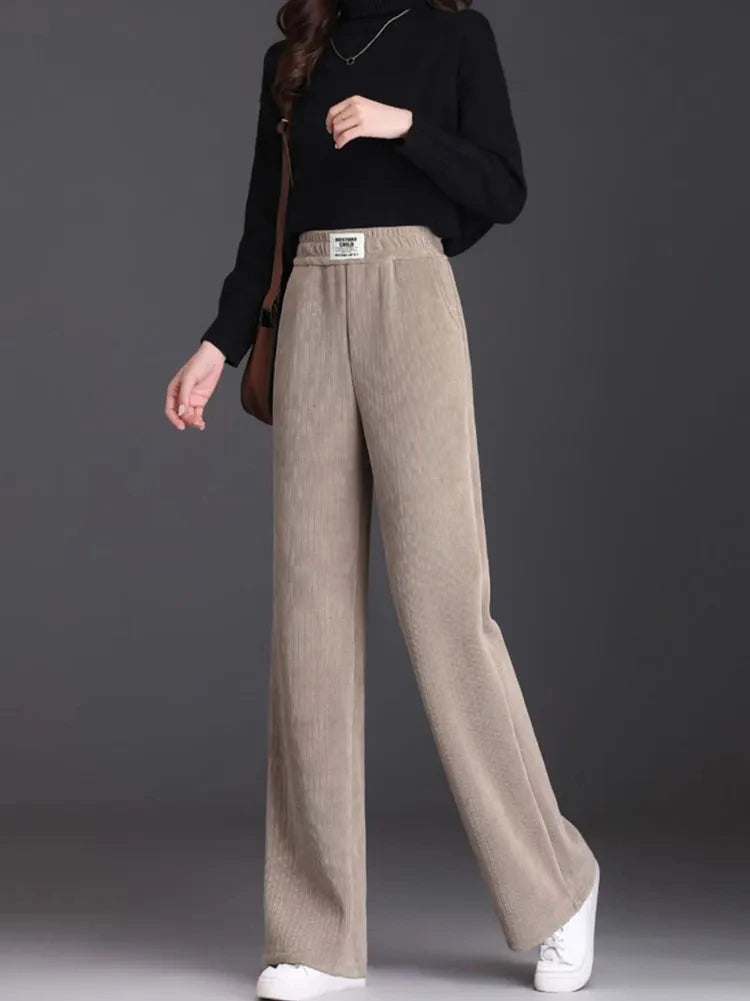 Thin/Thick Winter Lined Wide Leg Pants CasualThicken Warm Baggy Sweatpants Women HighWaist Korean Lamb Fluff Straight Pantalones