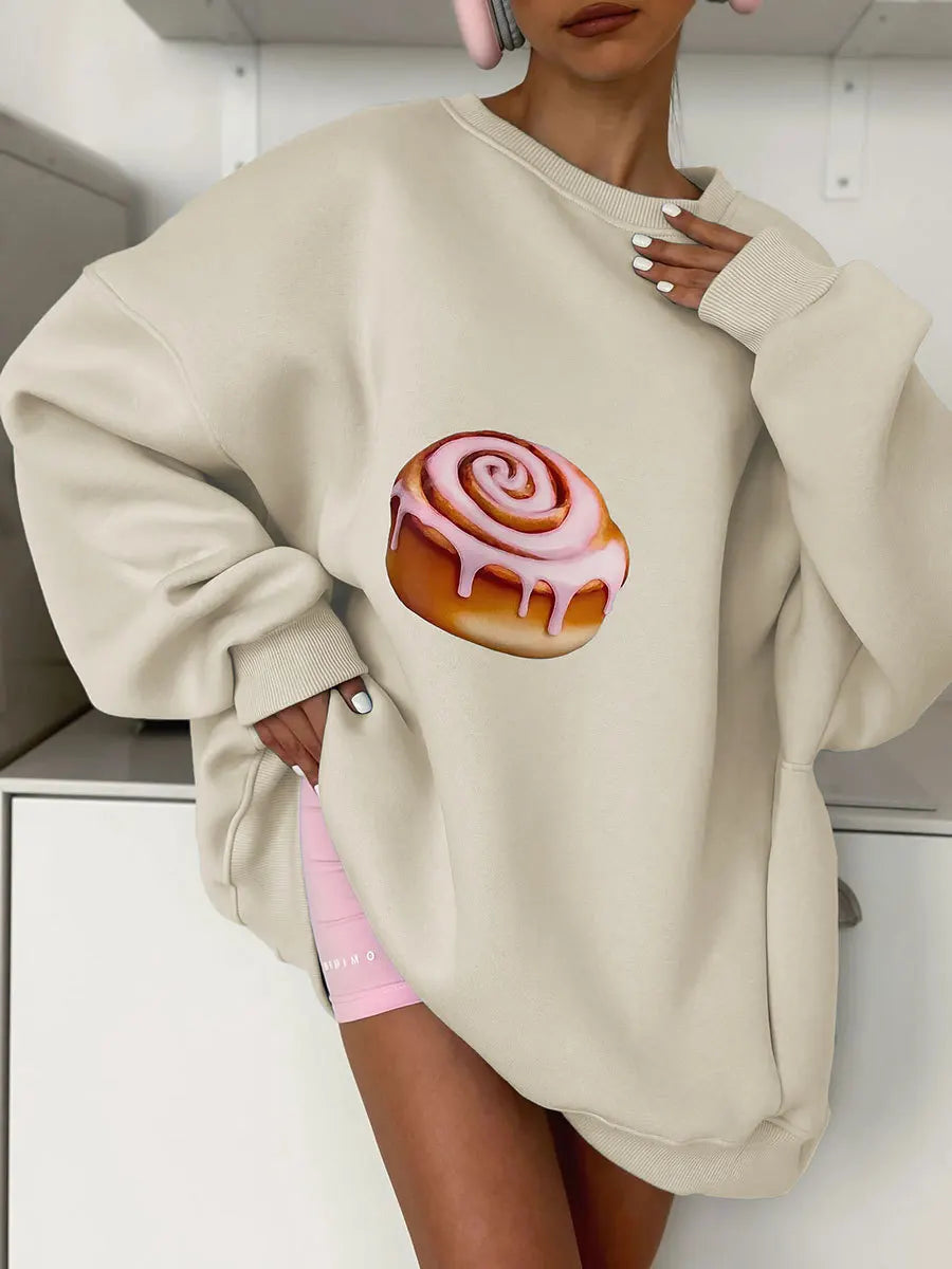 Sumuyoo Cake Printed Pullover Women's New Autumn Winter Plush Loose Slimming Long Sleeves Sweatshirts O-neck Pullover Hoodie