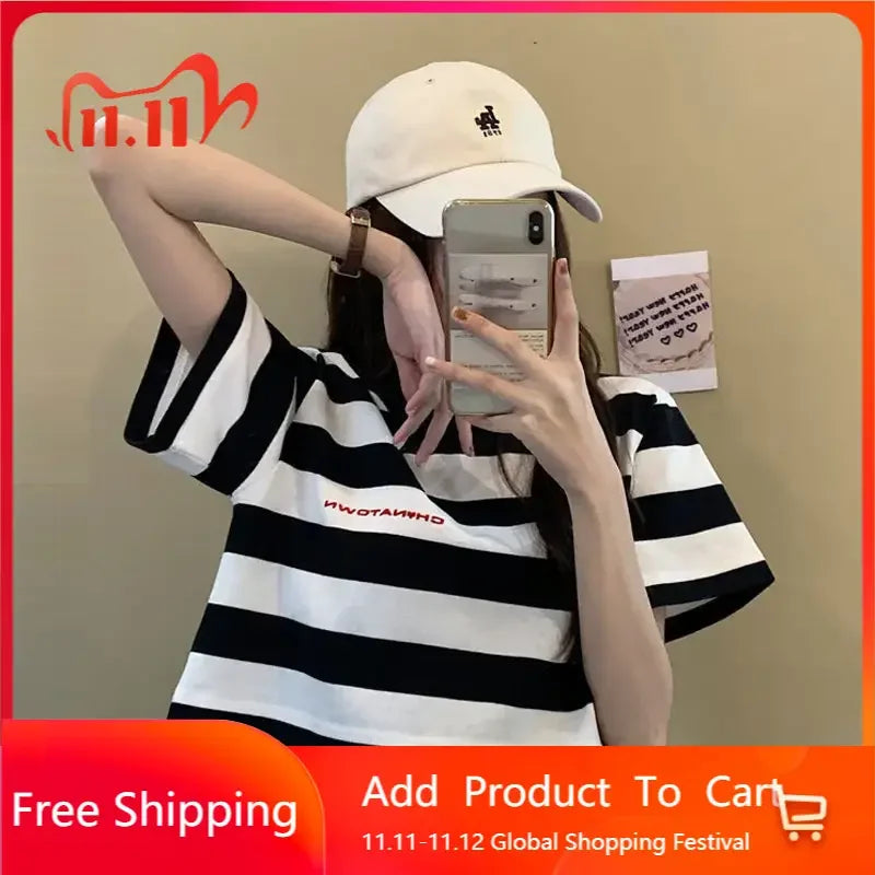 Black White Striped Cropped Top Women Summer New Korean Loose Short-sleeved T-shirt Fashion Egirl Letter Print Oversized Shirt