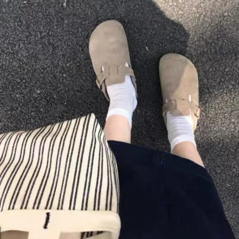 Summer Retro Birken Style Brown Faux Suede Flat Slippers Fashion Round Toe Platform Mules Outdoor Woman Soft Sole Cork Slides